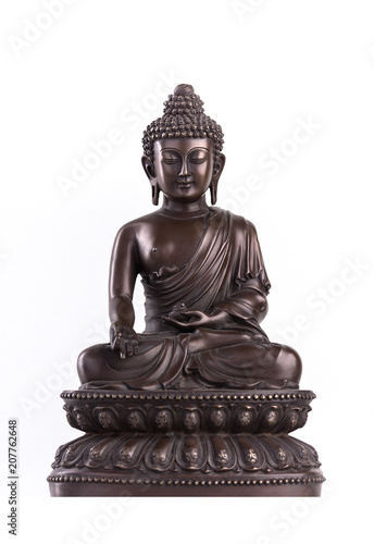 Buddha's figure, brown color made of metal in a meditation pose with the hands located in mudra of donations.