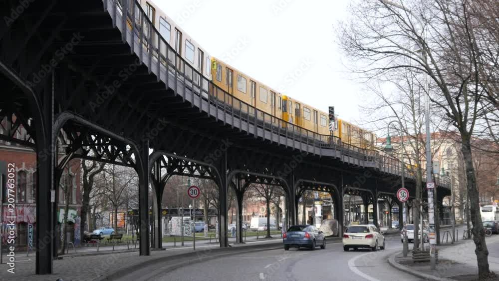 Berlin morning traffic, U-Bahn after Crossing the Oberbaum Bridge Berlin morning traffic, U-Bahn after Crossing the Oberbaum Bridge