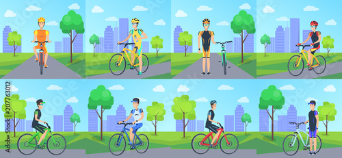 Fototapeta Naklejka Na Ścianę i Meble -  Cyclists Riding Bicycle in Park Vector Poster.
