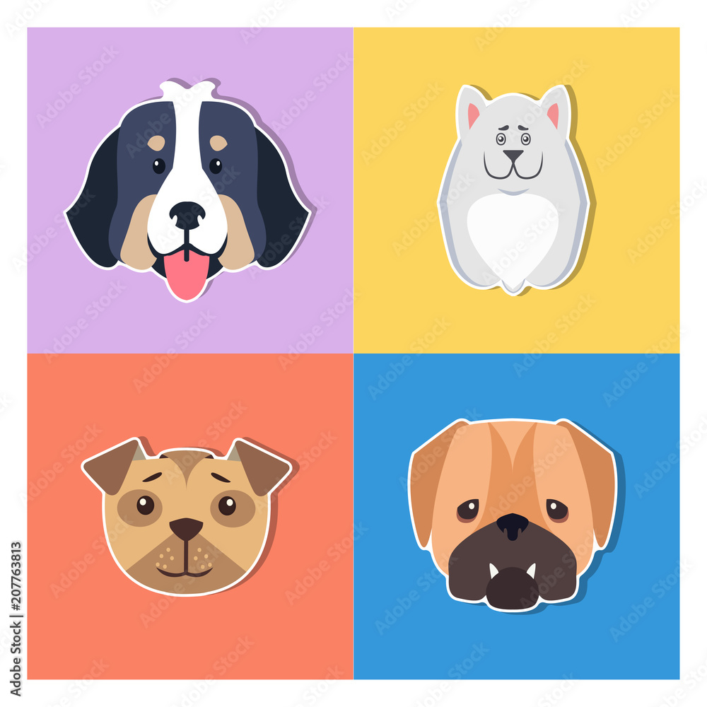 Cute Dogs Muzzles Cartoon Flat Vector Icons Set