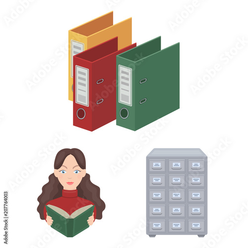 Library and bookstore cartoon icons in set collection for design. Books and furnishings vector symbol stock web illustration.
