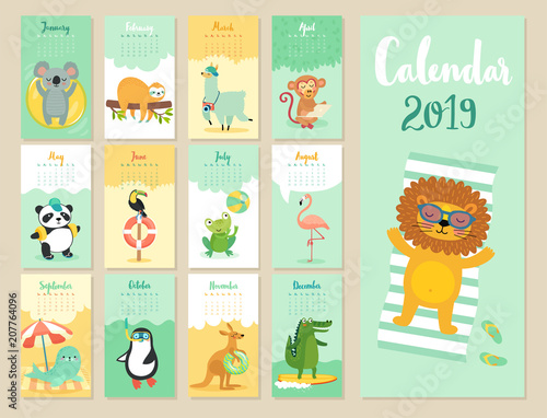 Calendar 2019. Cute monthly calendar with forest animals.