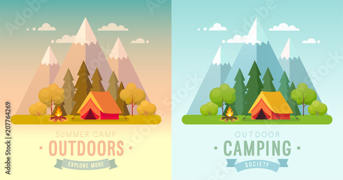 Summer Camping day and sunset graphic posters.
