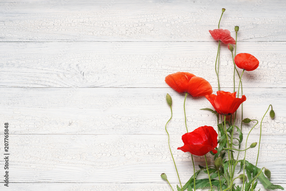 Fototapeta premium Czerwoni makowi kwiaty na białej nieociosanej drewnianej powierzchni.