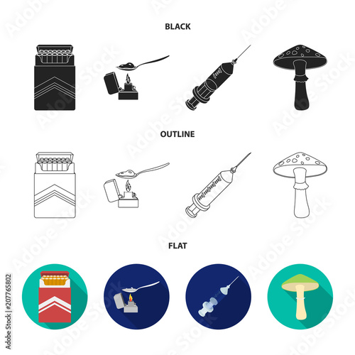 Cigarettes, a syringe, a galoyucinogenic fungus, heroin in a spoon.Drug set collection icons in black,flat,outline style vector symbol stock illustration web.