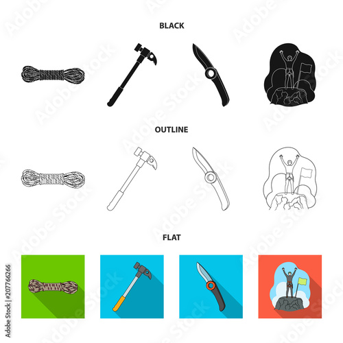 Climber on conquered top, coil of rope, knife, hammer.Mountaineering set collection icons in black,flat,outline style vector symbol stock illustration web.
