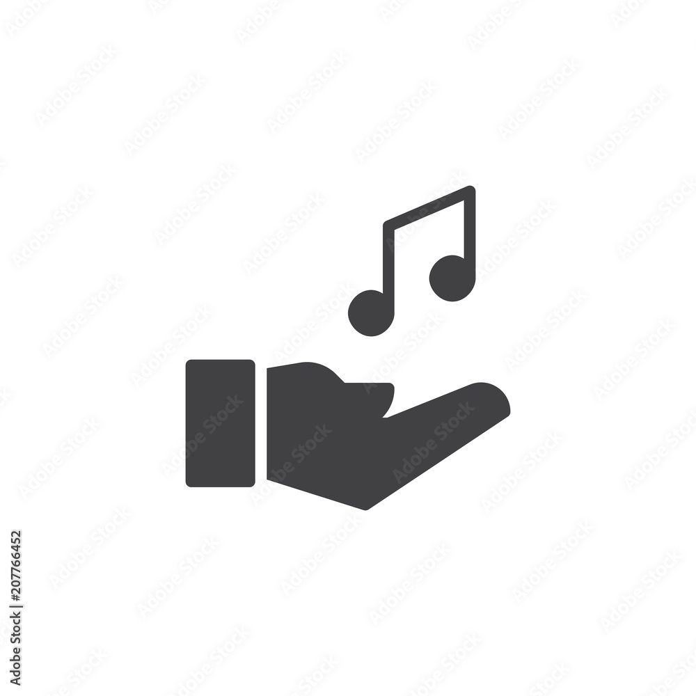 Music note in hand vector icon. filled flat sign for mobile concept and web design. Hand hold musical note simple solid icon. Share music symbol, logo illustration. Vector graphics Music note in hand vector icon. filled flat sign for mobile concept and web design. Hand hold musical note simple solid icon. Share music symbol, logo illustration. Vector graphics