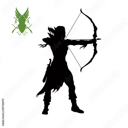 Black silhouette of elven archer with bow. Fantasy character. Games icon of scout with weapon. Isolated drawing of archery