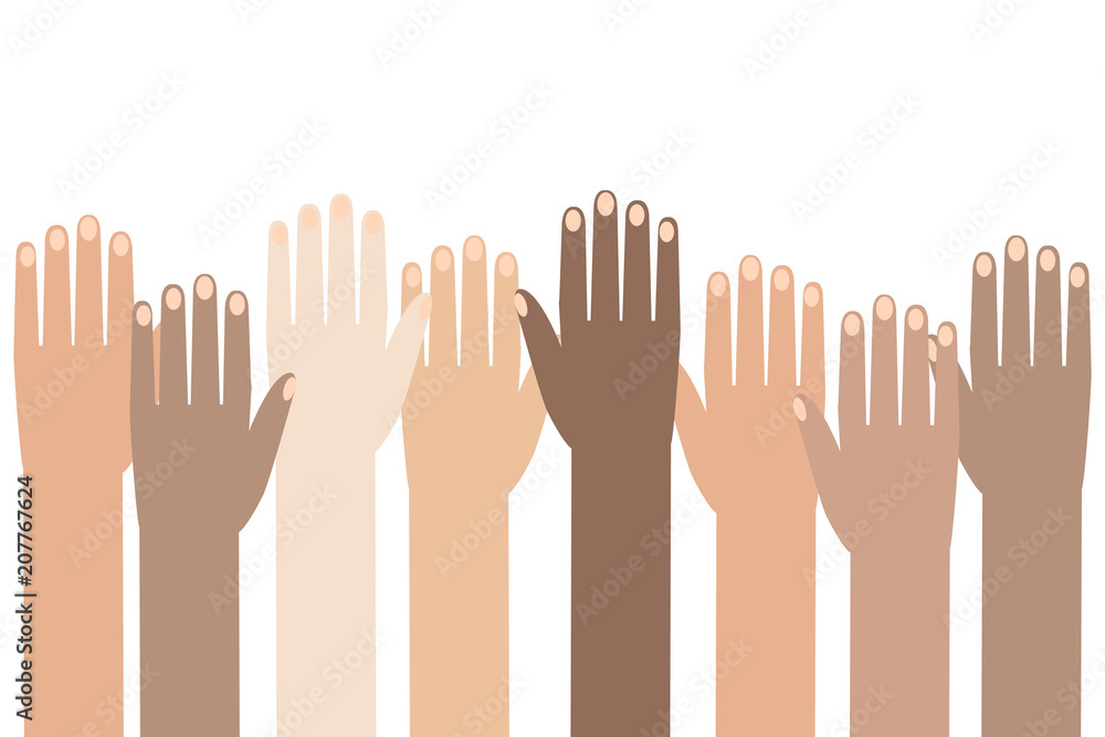 Multiracial Colorful Peoples' Hands Raised. Illustration of Human Rights Day background.