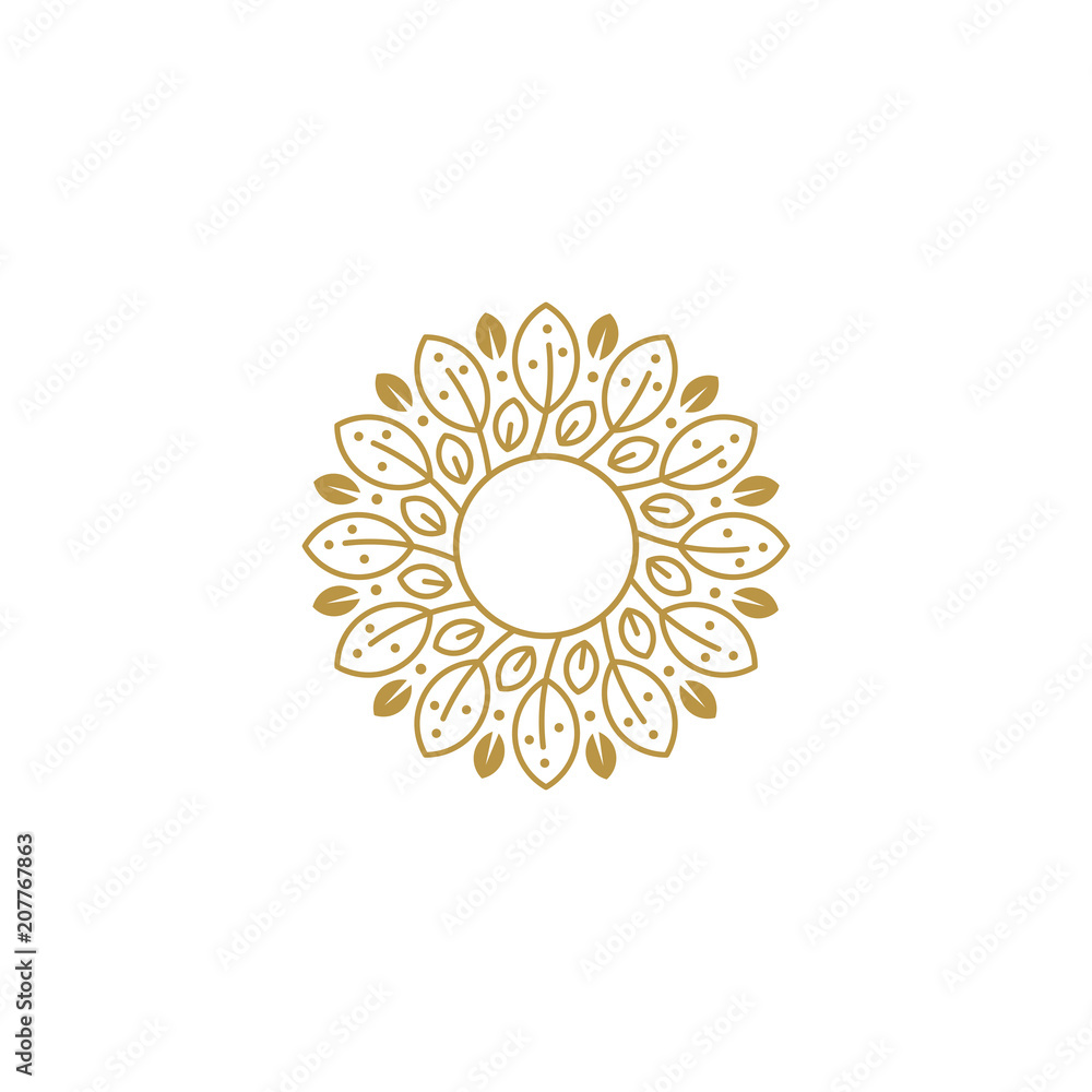 Hello spring summer logo vector illustration, leaves and geometric shapes. Circle nature icon Hello spring summer logo vector illustration, leaves and geometric shapes. Circle nature icon