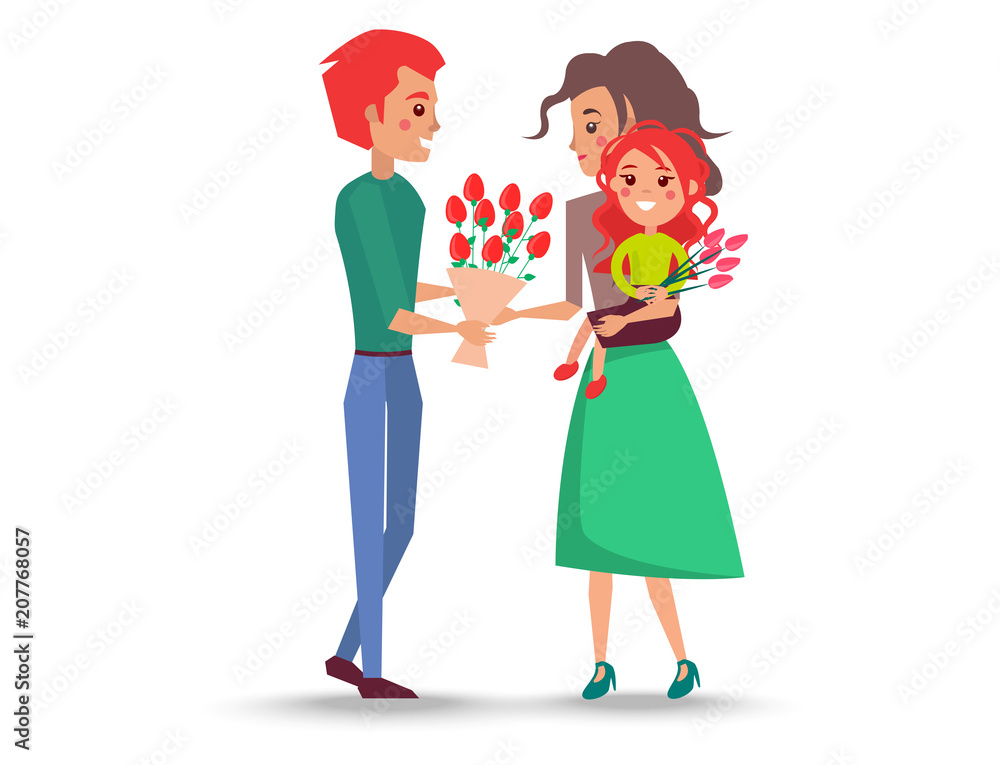 Father Gives Bouquet of Flowers for Wife, Daughter Father Gives Bouquet of Flowers for Wife, Daughter