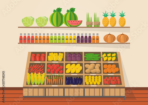 Farm shop. Local market. Selling fruit and vegetables.