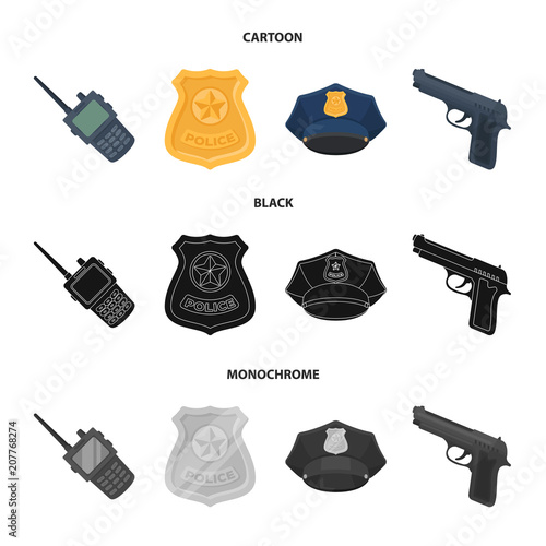 Radio, police officer badge, uniform cap, pistol.Police set collection icons in cartoon,black,monochrome style vector symbol stock illustration web. photo