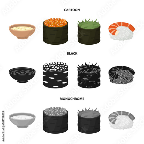 Bowl of soup, caviar, shrimp with rice. Sushi set collection icons in cartoon,black,monochrome style vector symbol stock illustration web.