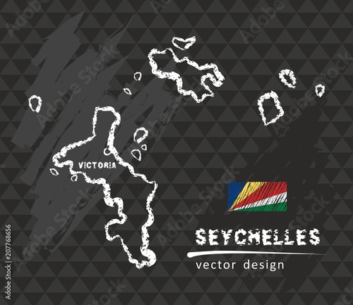 Seychelles map, vector pen drawing on black background
