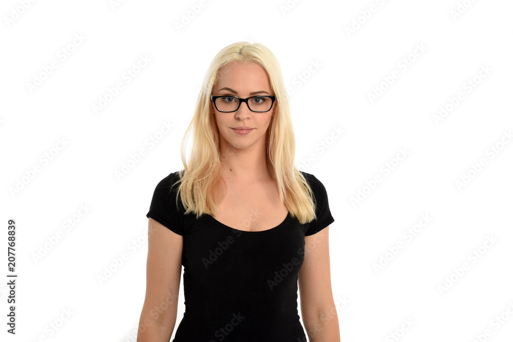 portrait of pretty blonde girl wearing glasses and black shirt. isolated on white background. portrait of pretty blonde girl wearing glasses and black shirt. isolated on white background.