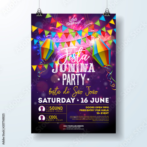 Festa Junina Party Flyer Illustration with Flags and Paper Lantern on Firework Background. Vector Brazil June Festival Design for Invitation or Holiday Celebration Poster.