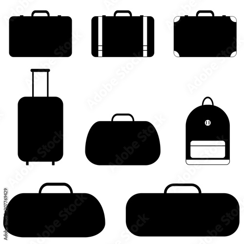 A set of silhouettes of travel types of bags . Set of bags for men and women. Luggage. Suitcase, backpack, bag on wheels, travel bag