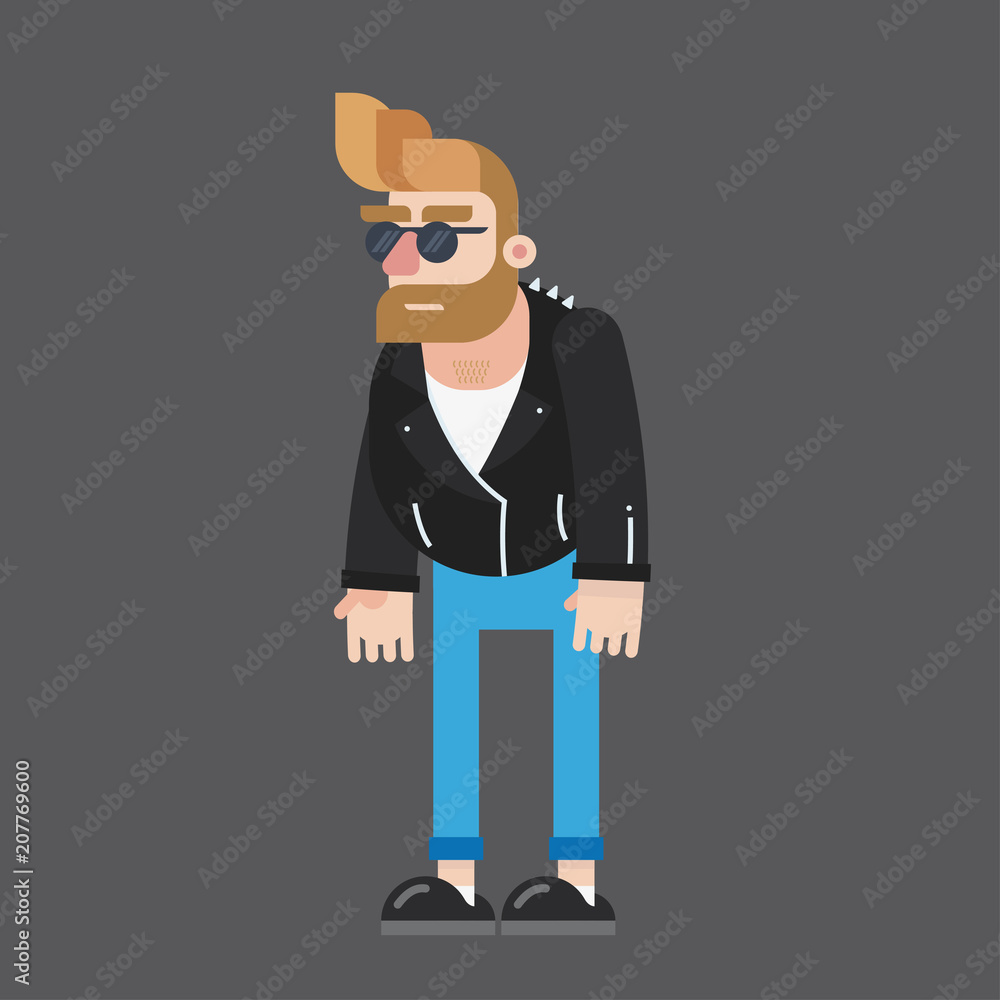 Big Fat Bearded Rocker Biker Punk Rider with Black Leather Jacket, Blue  Jeans and Boots. Strong Man. Funny Flat Colorful Rounded Male Cartoon  Character. Stock Vector | Adobe Stock