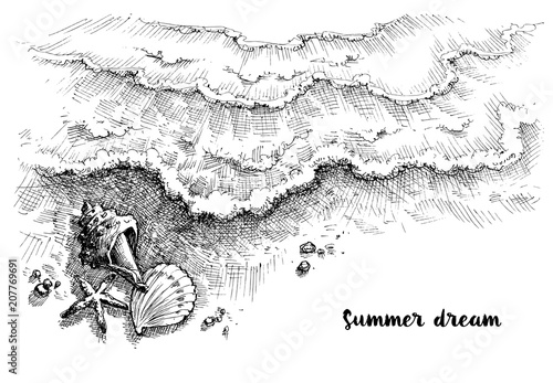 Beach and sea graphic background. Sea waves and decorative seashells in the sand. Summer holiday wallpaper