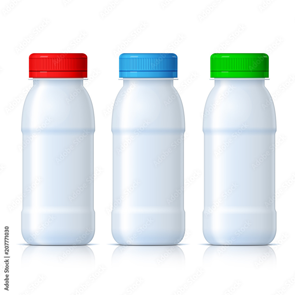 Realistic White plastic bottles with red, green and blue lid. Realistic White plastic bottles with red, green and blue lid.