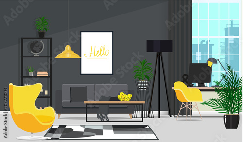 Black interior with a yellow armchair and a working place by the window. Vector flat illustration.
