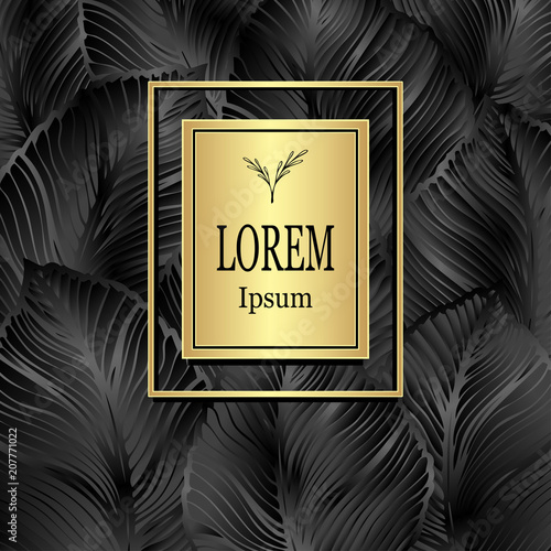 Template for package or flyer from Luxury background by leaves gold on black for cosmetic or perfume or for package of tea or for alcohol label or for advertising different things or for brand book