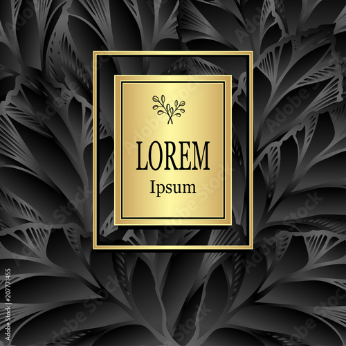 Template for package or flyer from Luxury background by leaves gold on black for cosmetic or perfume or for package of tea or for alcohol label or for advertising different things or for brand book