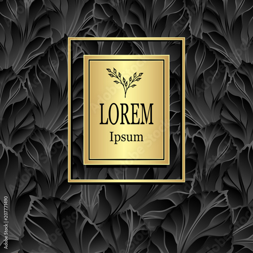 Template for package or flyer from Luxury background by leaves gold on black for cosmetic or perfume or for package of tea or for alcohol label or for advertising different things or for brand book