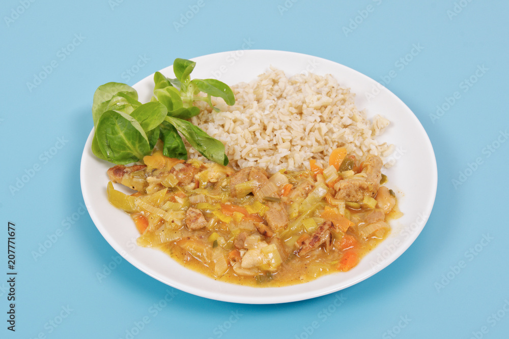 China of soy noodles and leek with rice on a white China of soy noodles and leek with rice on a white