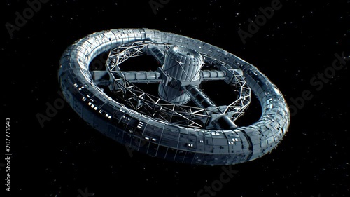 Circular space station. Giant sci-fi torus rotate on stars background, 3d animation.