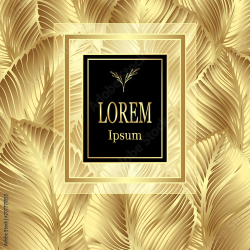 Template for package or flyer from Luxury background made by foil leaves in gold colors for cosmetic or perfume or for package of tea or for alcohol label or for advertising jewelry or for brand book