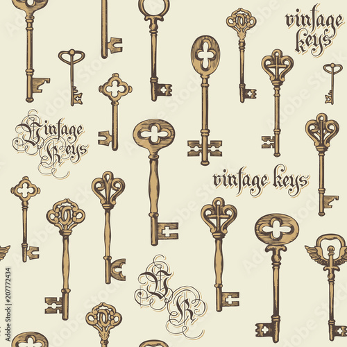 Vector seamless pattern with vintage keys and lettering in retro style. Gothic font. Hand drawn illustration. Wallpaper, wrapping paper or background for clothes