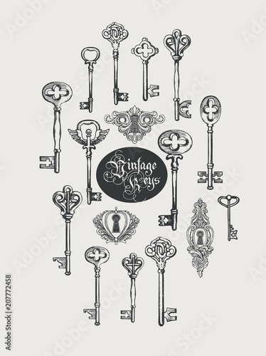 Vector banner with vintage keys, keyholes and lettering in retro style. Gothic font. Hand drawn illustration