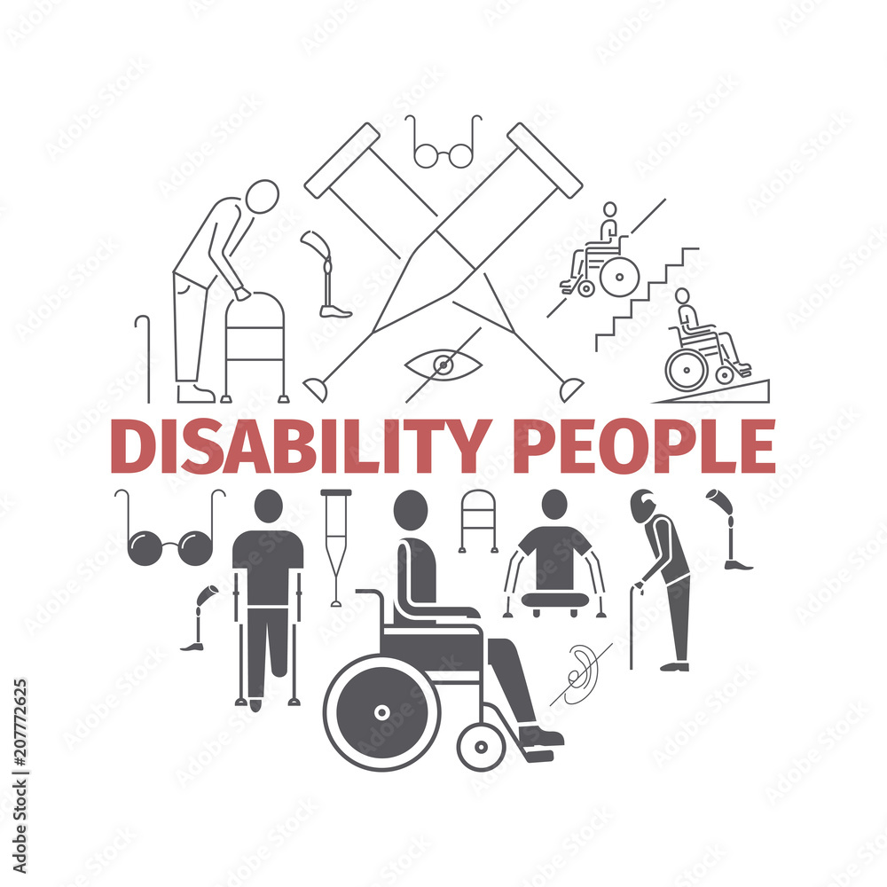 Disabled People banner. Vector illustration, line icons.