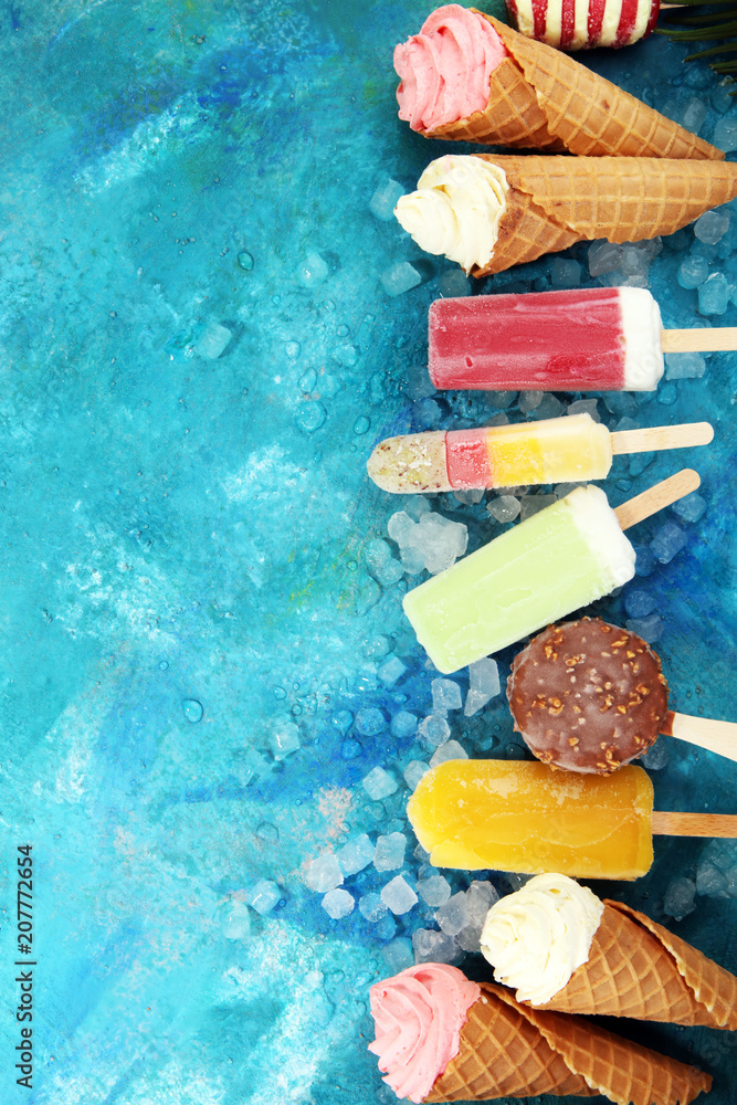 Fototapeta premium Vanilla frozen yogurt or soft ice cream in waffle cone.