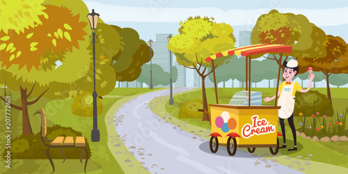 Park, seller and cart with ice cream, seller, trees. bench, background metropolis, vector, illustration, isolated, cartoon style