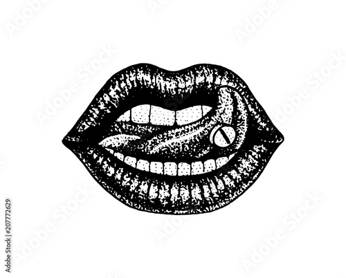 face detailed kiss or lips. Fashion Tattoo artwork for Girls. Engraved hand drawn in old vintage sketch. Vector surreal illustration, badges, print for t-shirt.