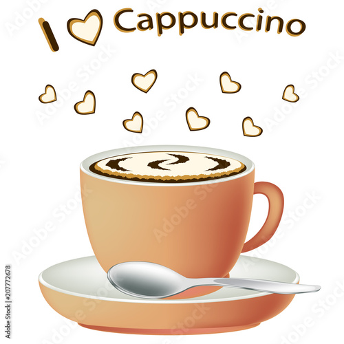 Coffee cappuccino close-up. Cup of hot coffee isolated on white background. Cappuccino in a porcelain cup. Vector illustration.