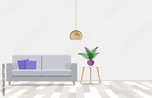 Modern interior design with a light sofa against a white wall background. Vector flat illustration.