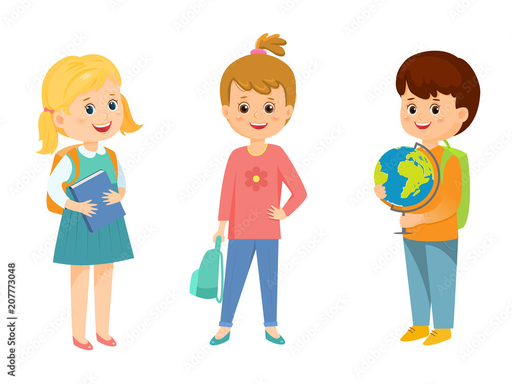Set of three schoolkids.Isolated on white background. Cartoon style. Vector illustration Set of three schoolkids.Isolated on white background. Cartoon style. Vector illustration