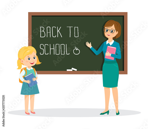 Teacher and schoolgirl on the background of the school board.Text back to school.Isolated on white background. Cartoon style. Vector illustration