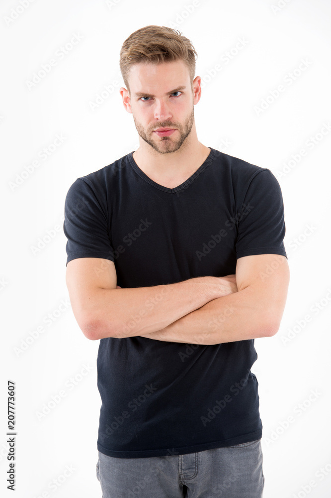 Bearded man with blond hair isolated on white background. Guy with beard on unshaven face. Man in casual tshirt and jeans . Hair care in barber salon or barbershop. Fashion style and trend Bearded man with blond hair isolated on white background. Guy with beard on unshaven face. Man in casual tshirt and jeans . Hair care in barber salon or barbershop. Fashion style and trend