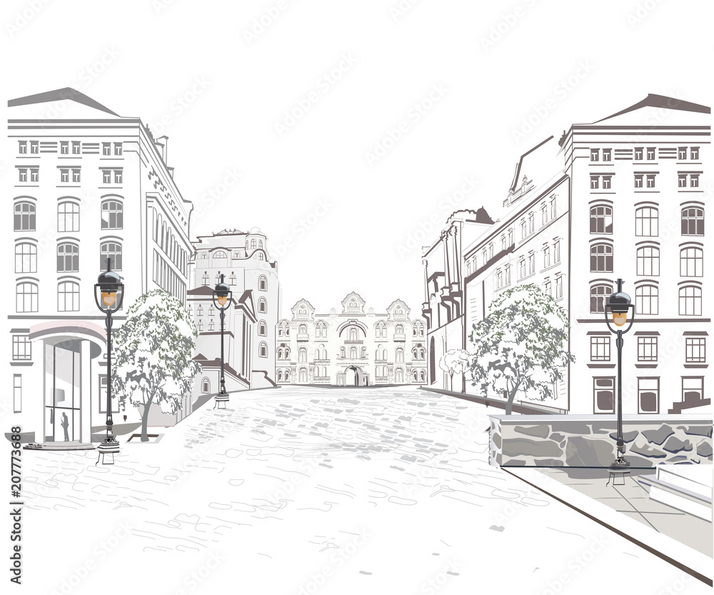 Series of street views in the old city. Hand drawn vector architectural background with historic buildings.