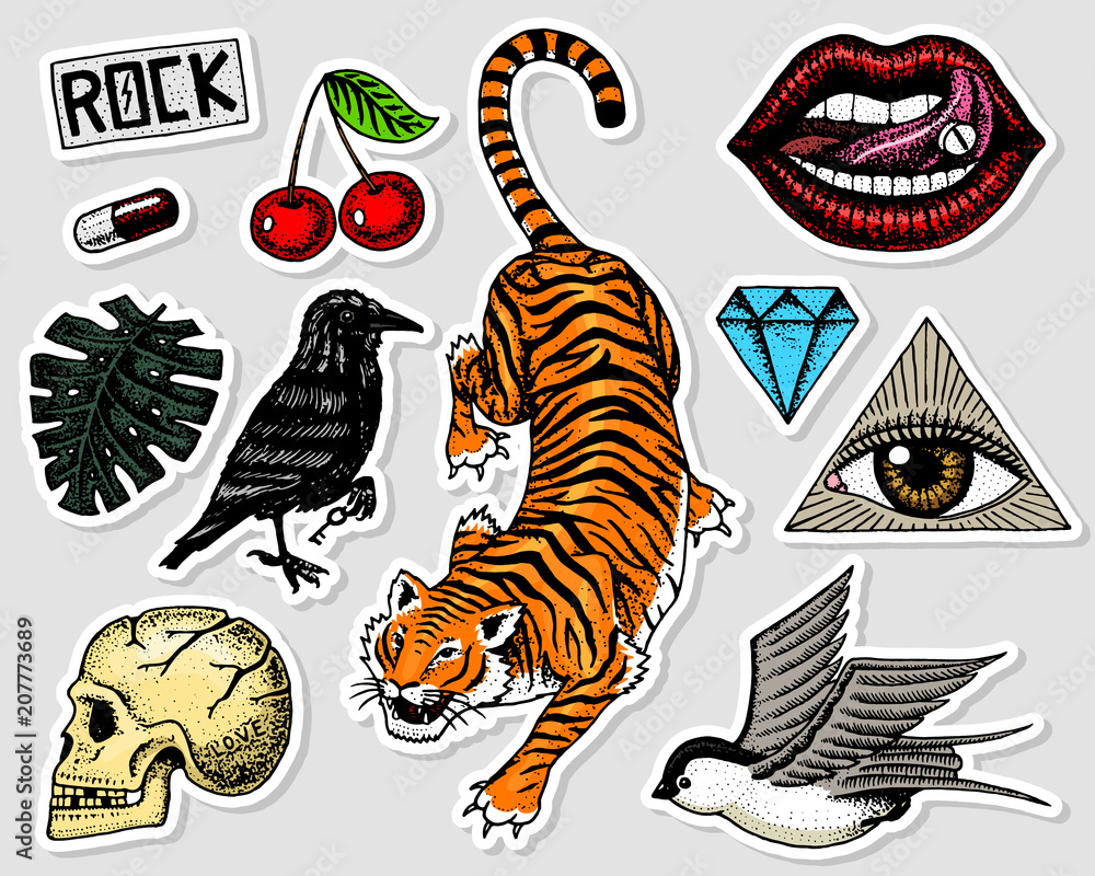 Set of Fashion patches. Tattoo artwork for Girls. Tiger and lips, skull and  eye in the triangle. Engraved hand drawn in old vintage sketch. Vector  surreal illustration, badges, print for t-shirt. Stock