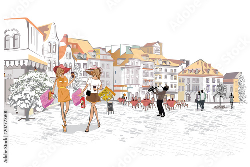 Series of the street cafes with people, men and women, in the old city, vector illustration. 