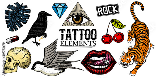 Set of Fashion patches. Tattoo artwork for Girls. Tiger and lips, skull and eye in the triangle. Engraved hand drawn in old vintage sketch. Vector surreal illustration, badges, print for t-shirt.