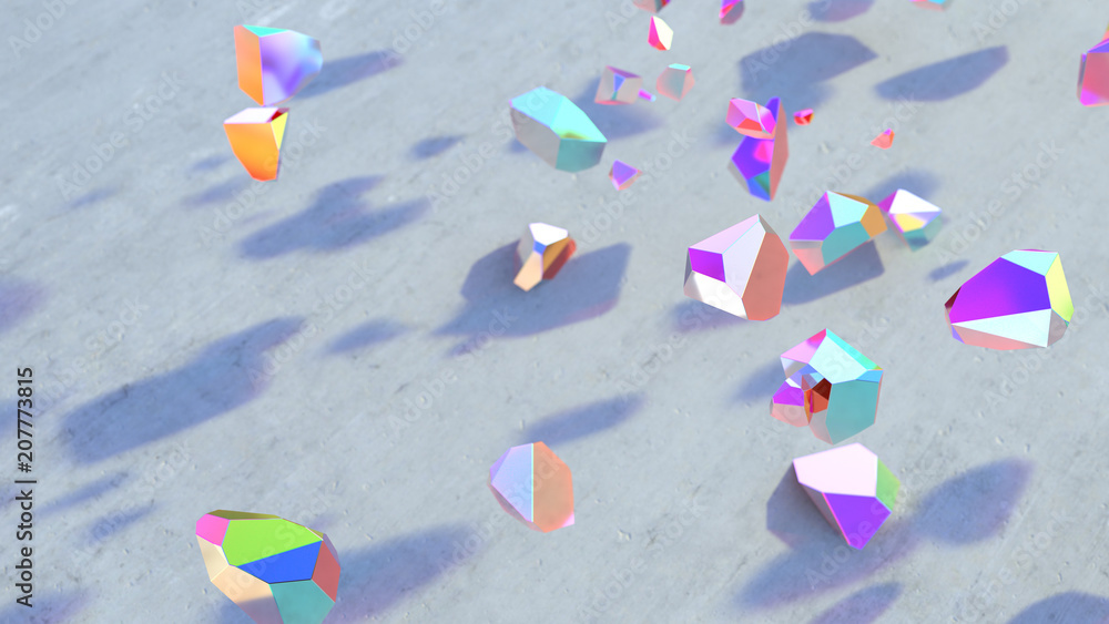 Trendy magic abstract holographic geometric crystals. Minimal quartz, stone, gems. Low poly rock background. Natural light. 3d render 