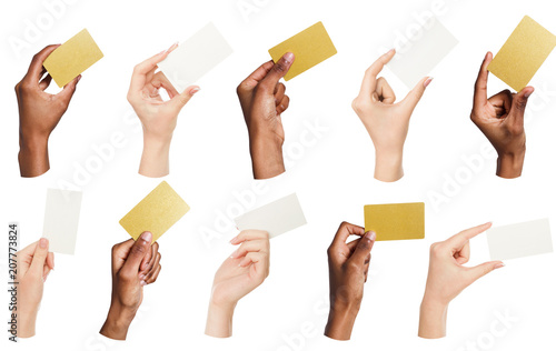 Collage of diverse hands holding blank business cards, isolated