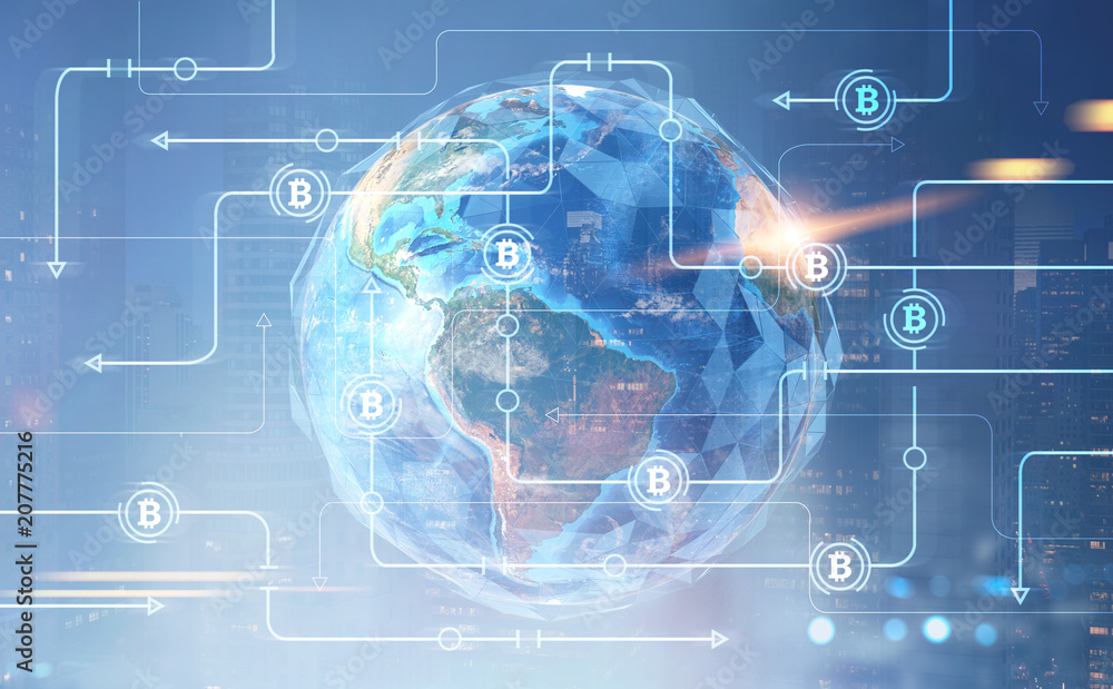 Bitcoin global network interface, Earth and city Bitcoin global network interface, Earth and city